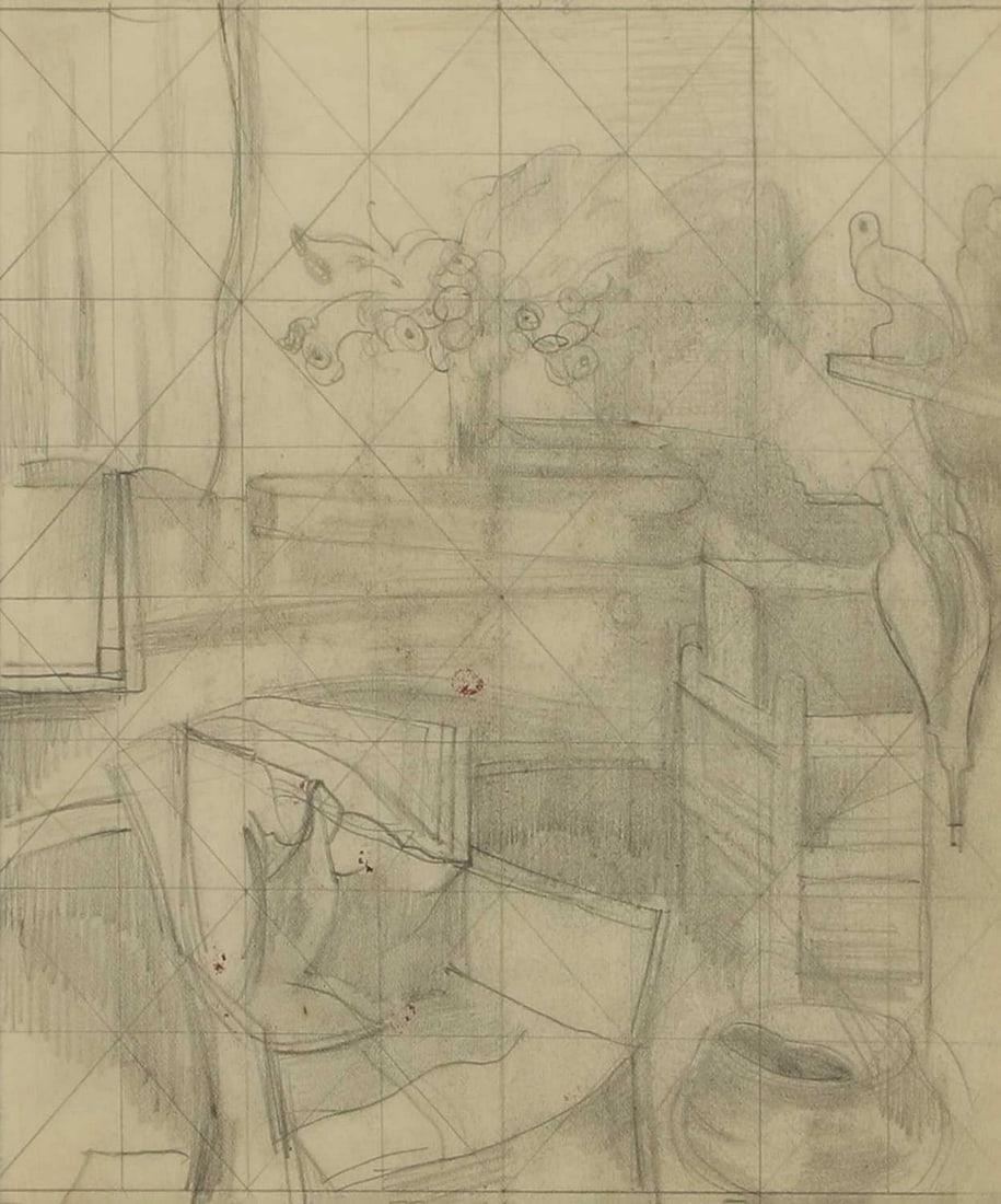 ▲ John Nash RA (British, 1893-1977) A cottage interior, circa 1920s: ▲ John Nash RA (British, 1893-1977) A cottage interior, circa 1920s pencil, squared for transfer, with estate stamp verso (23 x 18.5cm; framed 42.5 x 37.5cm) Provenance: The John Nash Estate. Co