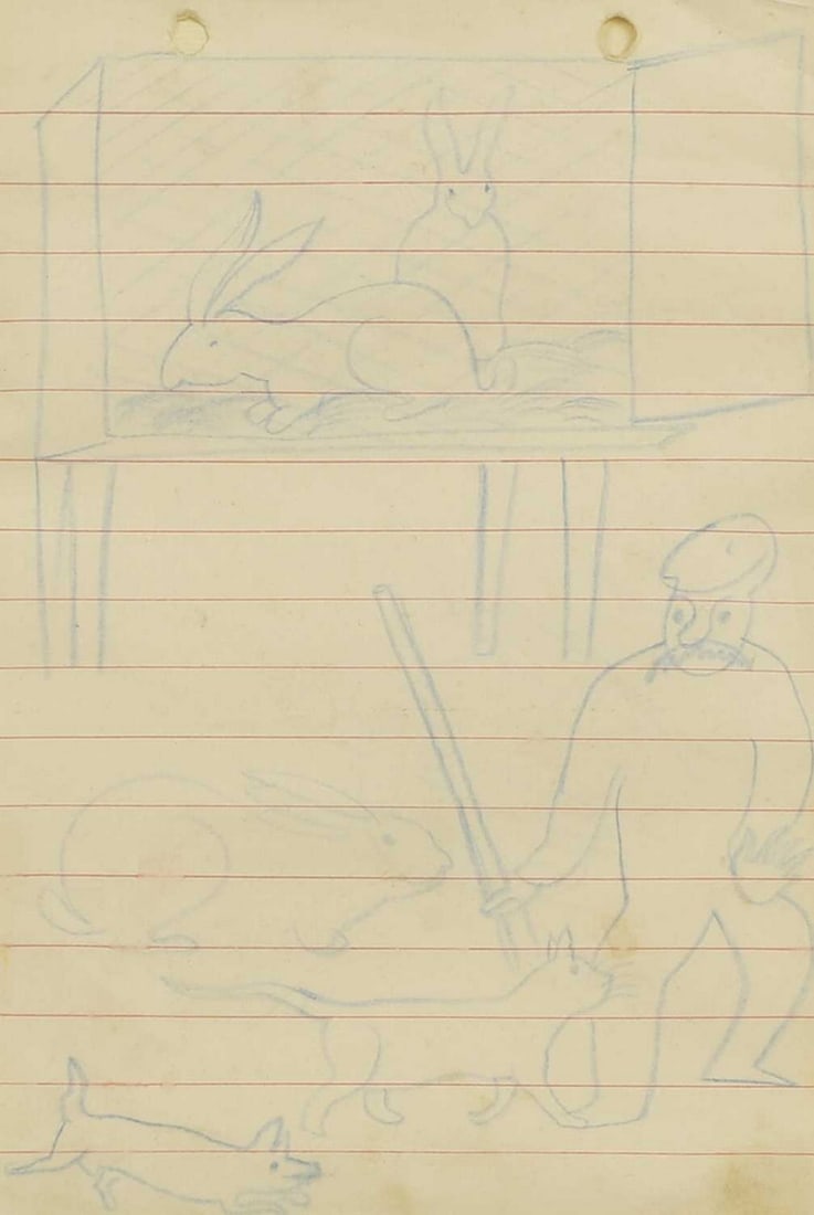 ▲ John Nash RA (British, 1893-1977) 'Man with Rabbits, Gun and Terriers', 1933-34: ▲ John Nash RA (British, 1893-1977) 'Man with Rabbits, Gun and Terriers', 1933-34 coloured crayon (19.5 x 13cm; framed 35.5 x 28cm) Provenance: Acquired from the Nash family. Footnote: A drawing