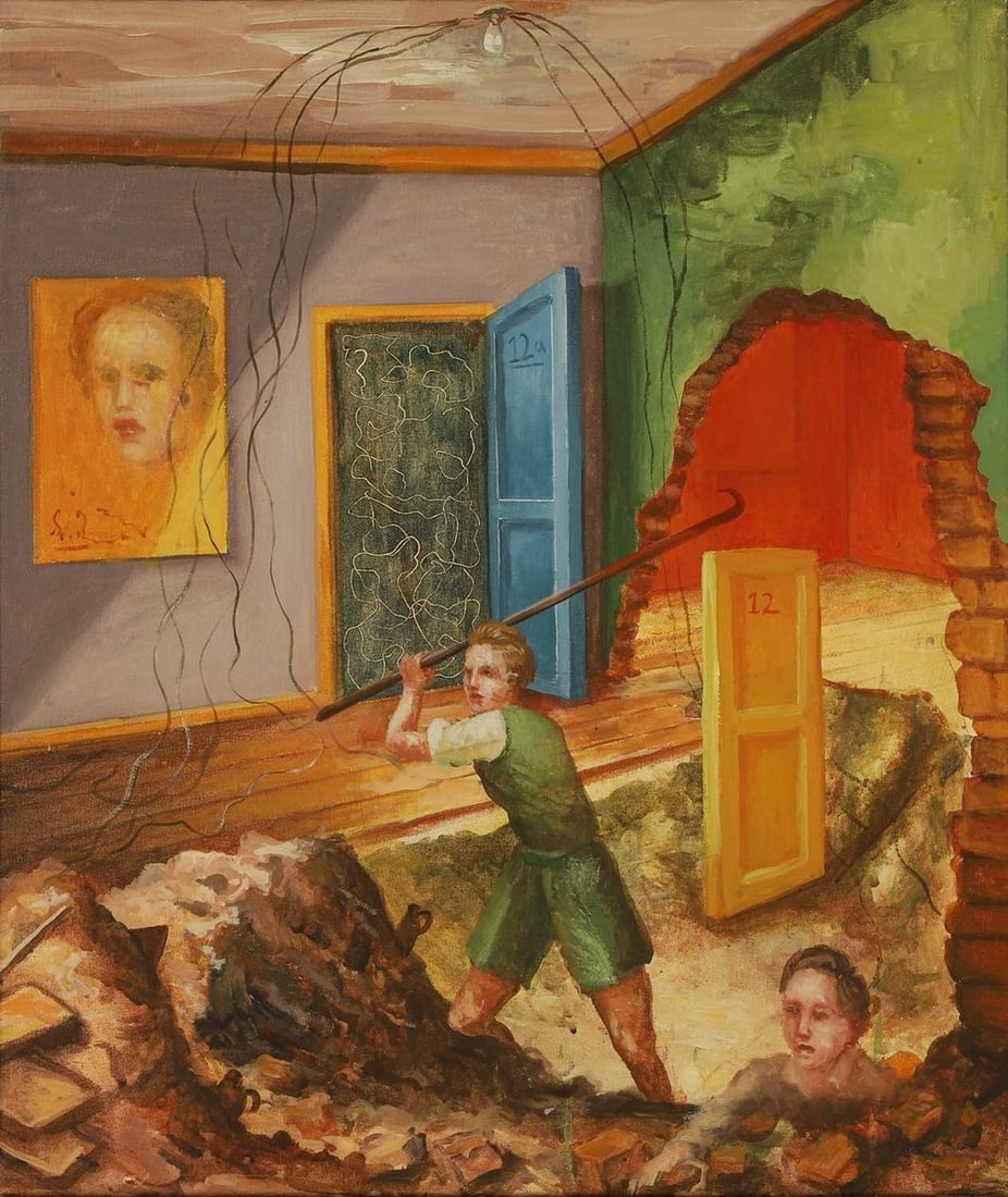 ▲ Steven Campbell (British, 1953-2007) Men at work: ▲ Steven Campbell (British, 1953-2007) Men at work acrylic on canvas (78x 66cm; framed 84.5 x 70.5cm ) Condition Report: A little fine cracking starting to emerge to corners and edges. A tiny lo