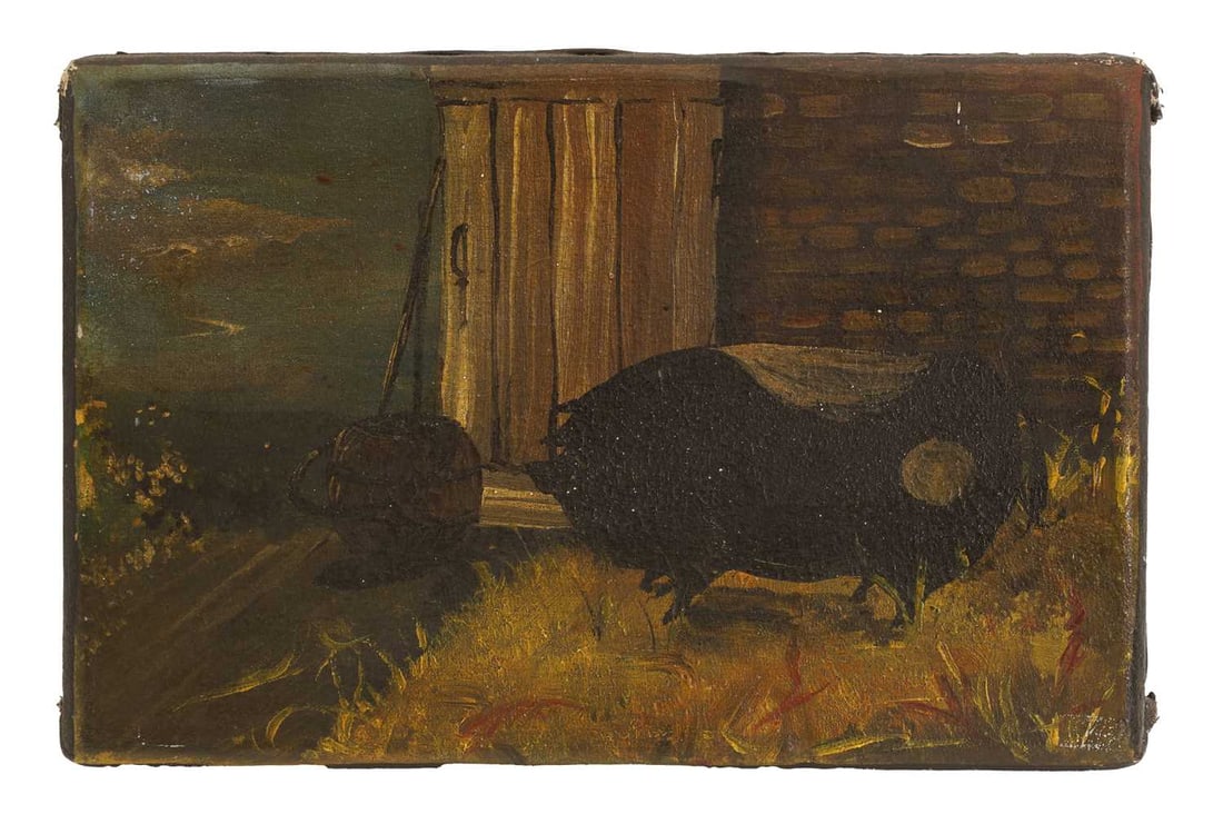 Naive School 20th century: Naive School 20th century Pig and bucket oil on canvas unframed 20 x 30.2cm Condition Report: Needs a proffesional clean. some cracking to the paint/varnish and some scuff marks. Not checked under