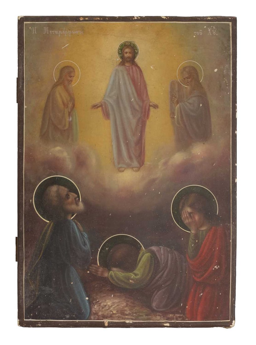 A religious icon, 19th century, Greek,: A religious icon, 19th century, Greek, canvas on wood panel depicting the Transfiguration of Christ, titled to the top 43 x 30.5cm Condition Report: Some marks, scratches and scuffs to the surface.