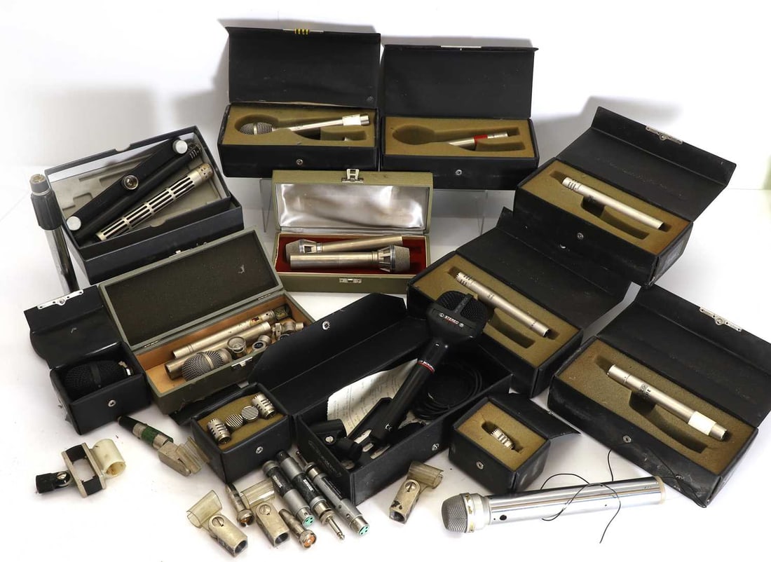A selection of vintage microphones,: A selection of vintage microphones, including 5 x AKG C451 E condenser microphones, 2 x AKG D190 E dynamic microphones, 1 x AKG D160 E, 3 x AKG A51 swivel knuckle adapters, and assorted other