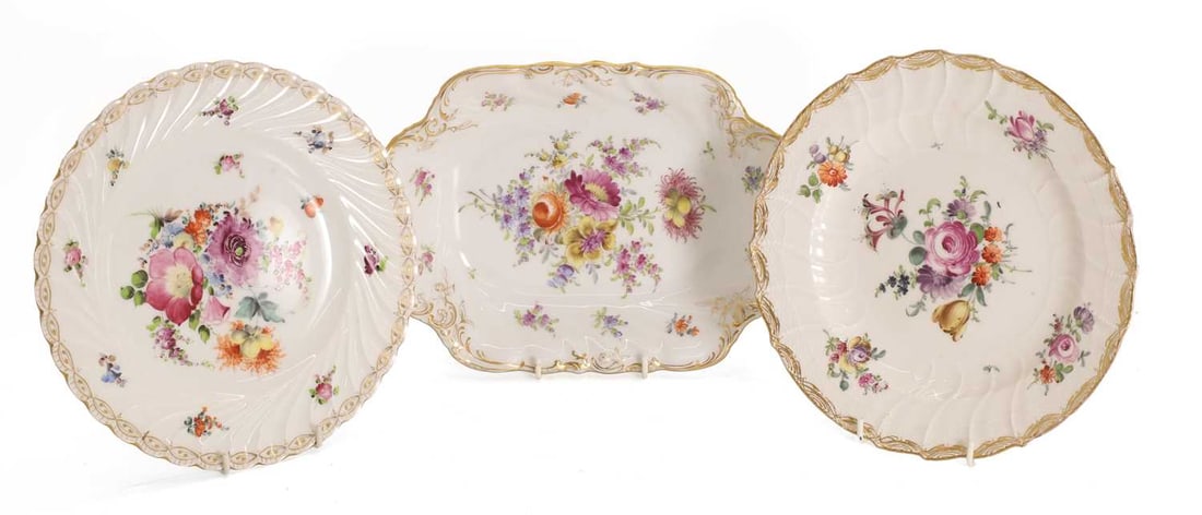 A group of porcelain, 19th century and later,: A group of porcelain, 19th century and later, to include two cabinet plates, one with a blue glazed Dresden mark to the base, and the other with basket weave moulding to the rim, both decorated with