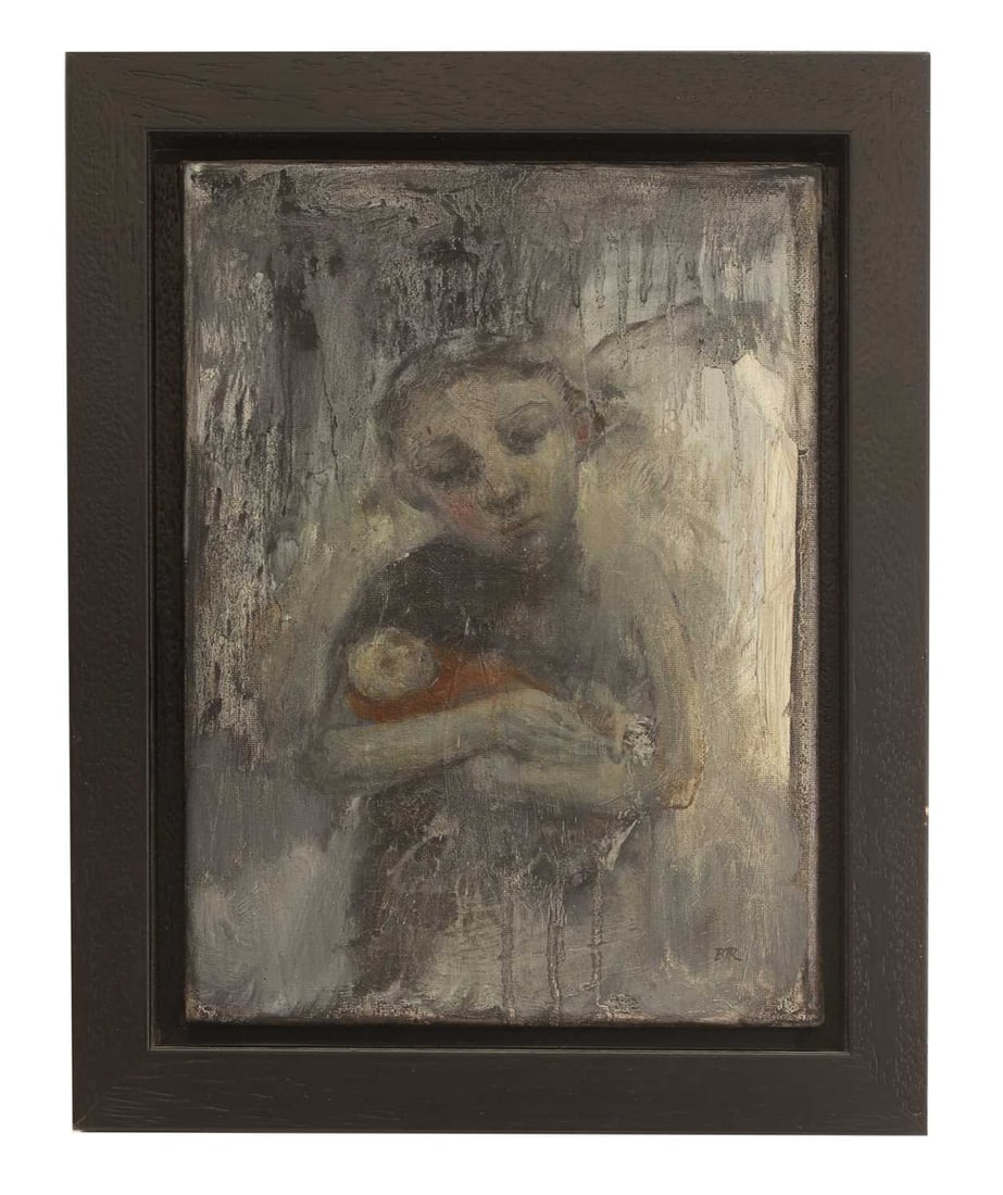 Bobbie Russon (British, b.1966-) 'Belonging': Bobbie Russon (British, b.1966-) 'Belonging' signed with initials l.r., also signed with initials and inscribed with title verso, oil on canvas 23.5 x 18cm; framed 29.5 x 24cm Condition Report: