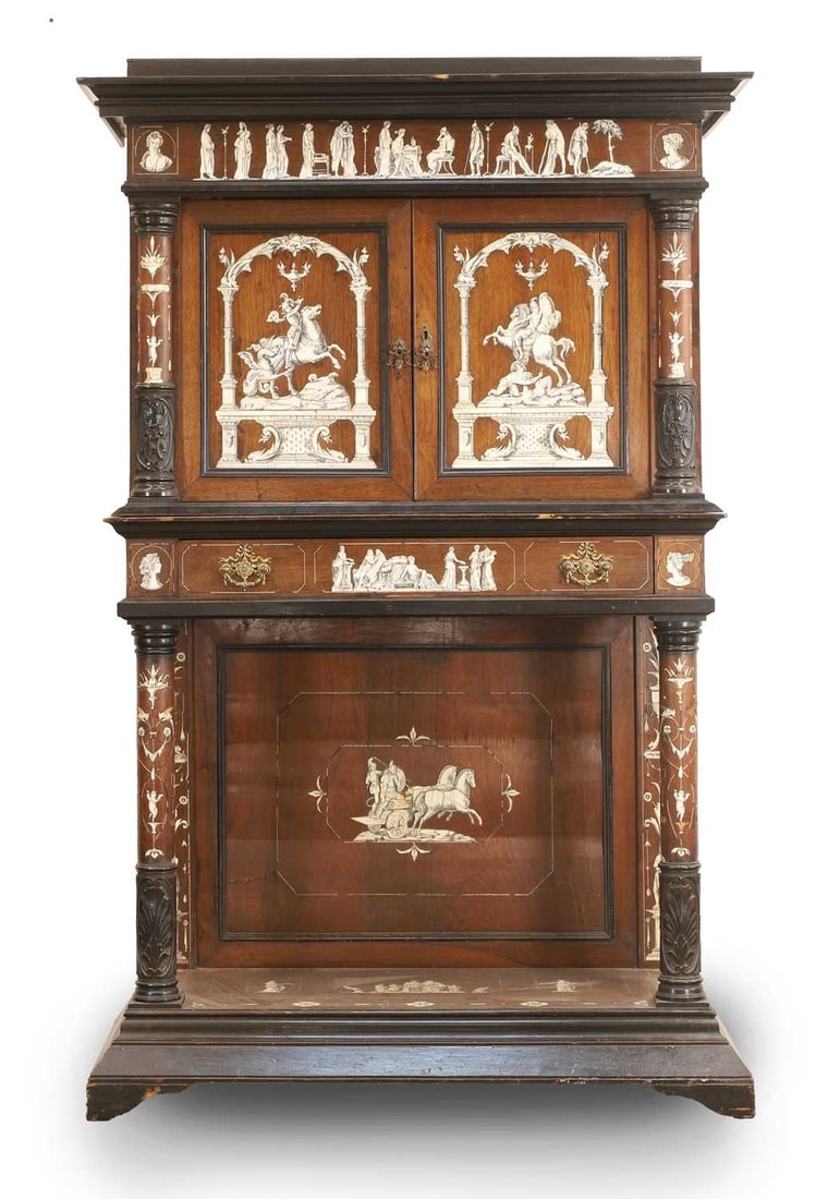 A rosewood, ebonised, ivory and bone-inlaid cabinet, mid-19th century, probably Northern Italian,: A rosewood, ebonised, ivory and bone-inlaid cabinet, mid-19th century, probably Northern Italian, the rectangular top with a frieze depicting Apollo surrounded by the Muses, above two cupboard doors, 