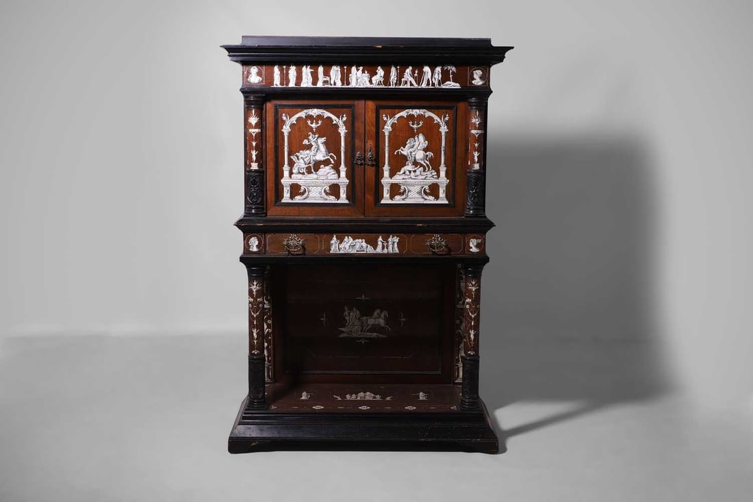 A rosewood, ebonised, ivory and bone-inlaid cabinet, mid-19th century, probably Northern Italian, - 4