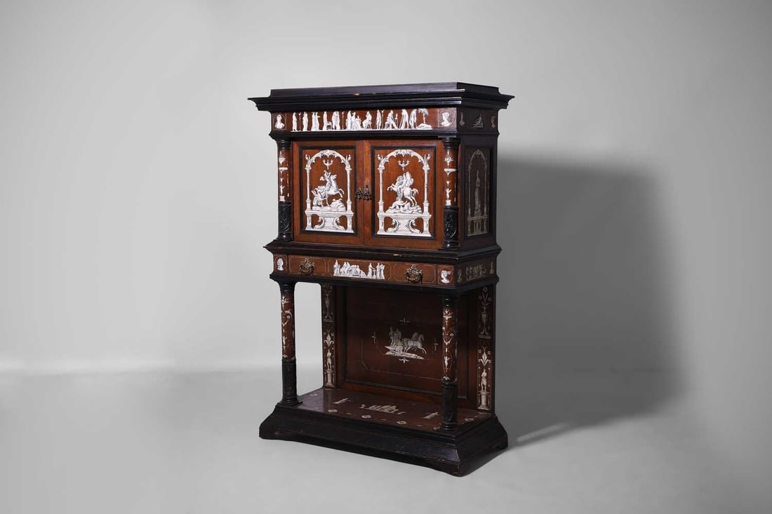 A rosewood, ebonised, ivory and bone-inlaid cabinet, mid-19th century, probably Northern Italian, - 5