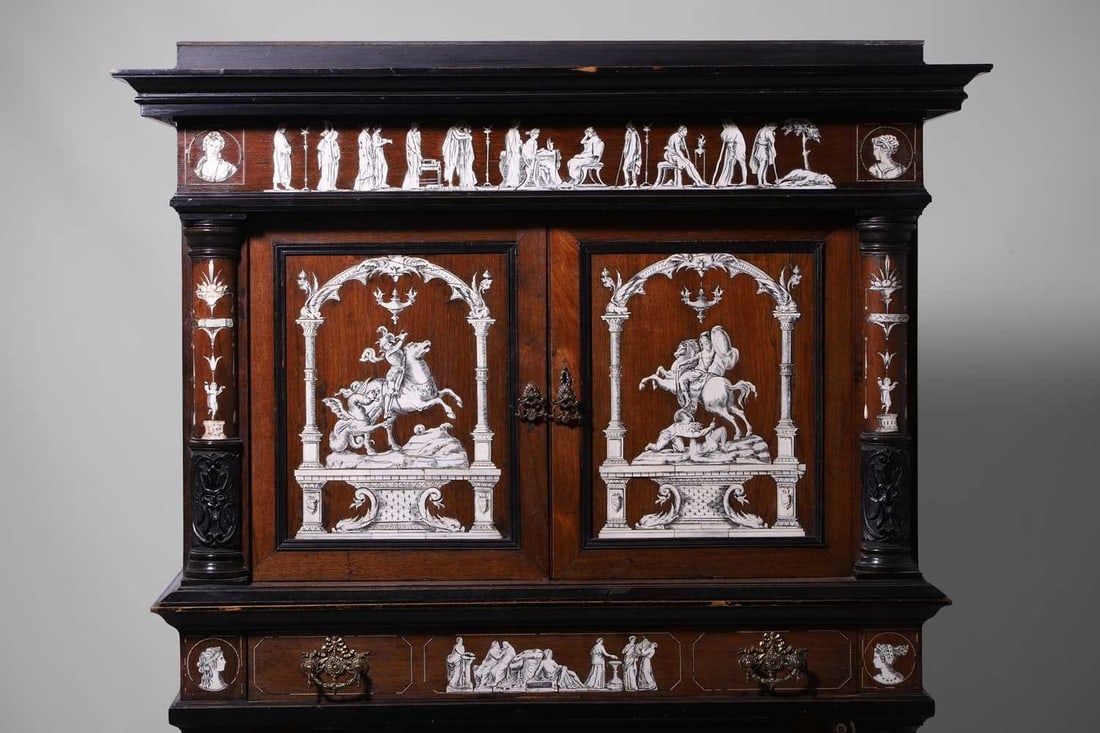 A rosewood, ebonised, ivory and bone-inlaid cabinet, mid-19th century, probably Northern Italian, - 7