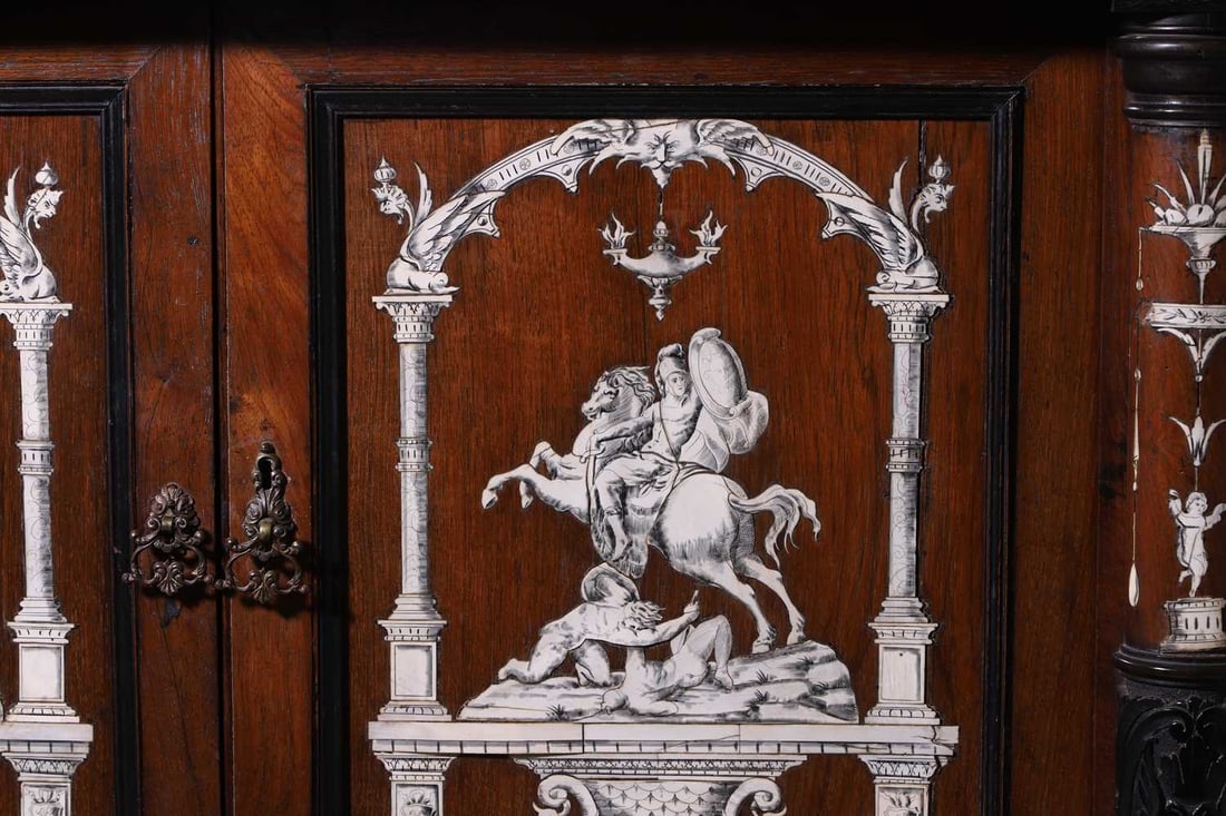 A rosewood, ebonised, ivory and bone-inlaid cabinet, mid-19th century, probably Northern Italian, - 8