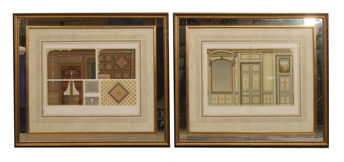 Two framed lithographs, late 19th century, after César Daly,: Two framed lithographs, late 19th century, after César Daly, the first titled 'Salles de Billard, Chateau des Cretes (Suisse) Ensembles et Details' from the 'L'Architecture Privee au XIXme