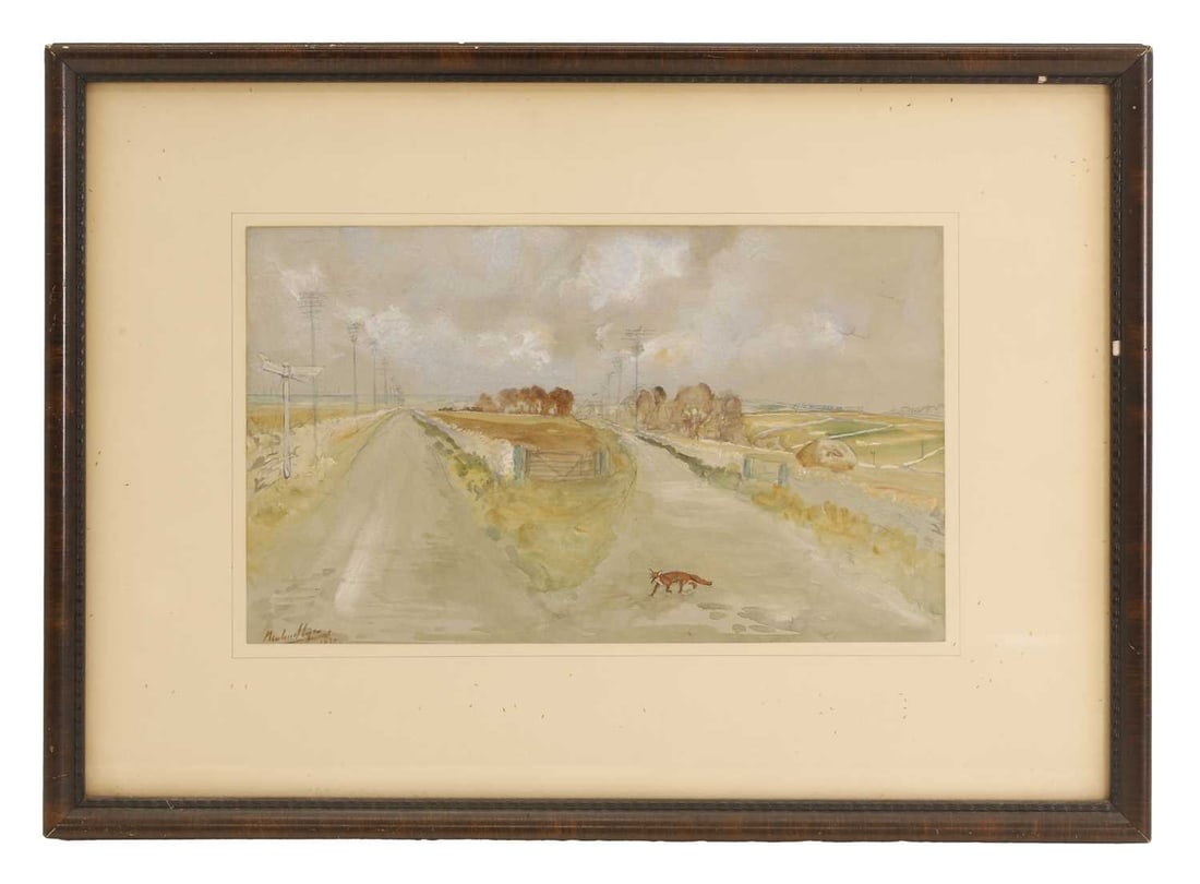 Michael Lyne (1912-1989) Fox at a cross path: Michael Lyne (1912-1989) Fox at a cross path signed and dated indiscreetly signed '1935'? l.l., watercolour 15.5 x 25.5cm; framed 29.5 x 40cm 1 Condition Report: Discolouration along the edges and to