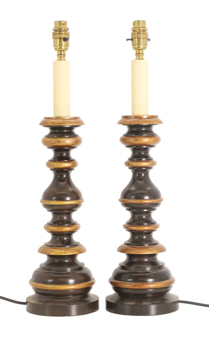 A near pair of turned painted table lamps, (1 of 1)