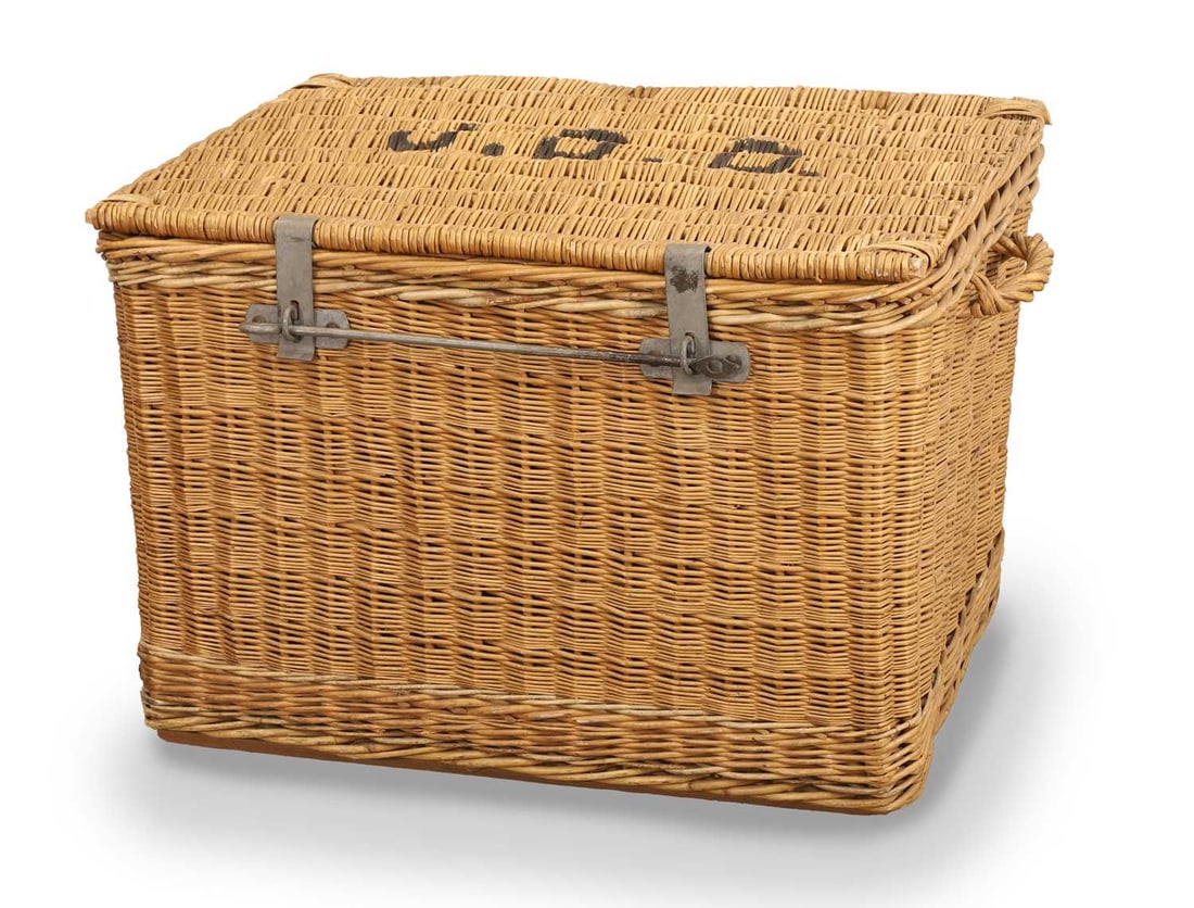 A large wicker basket, 20th century,: A large wicker basket, 20th century, with metal clasps and locking bar, with 'J.D.D', with side carrying handles 98cm wide, 58cm deep, 58cm high