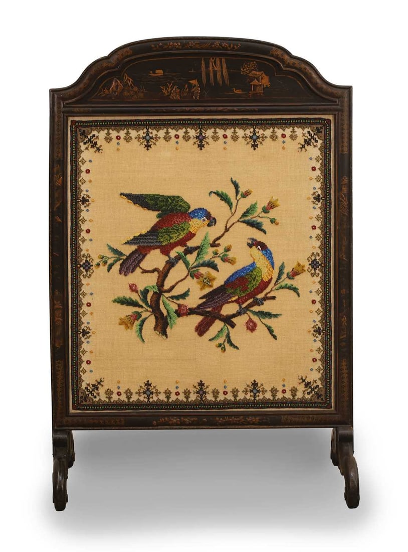 A Queen Anne-style black and gilt-Japanned fire screen, late 19th/ early 20th century, (1 of 2)