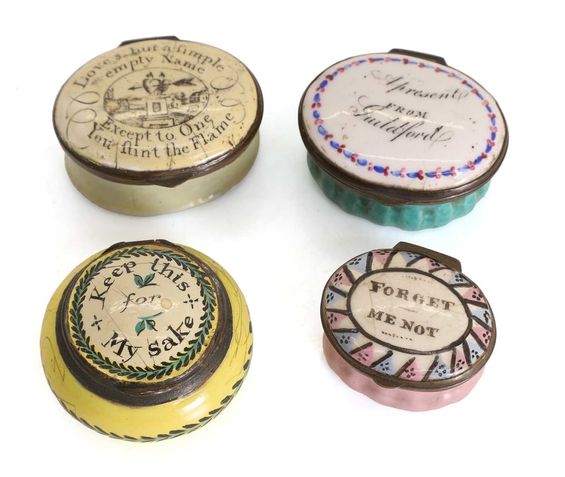 A collection of four Bilston and Bilston style pill boxes,: A collection of four Bilston and Bilston style pill boxes, labelled 'Forget me not', 'Keep this for My sake', 'Love's but a fimple empty Name, Except to One Your flint to Flame' and 'A Present FROM