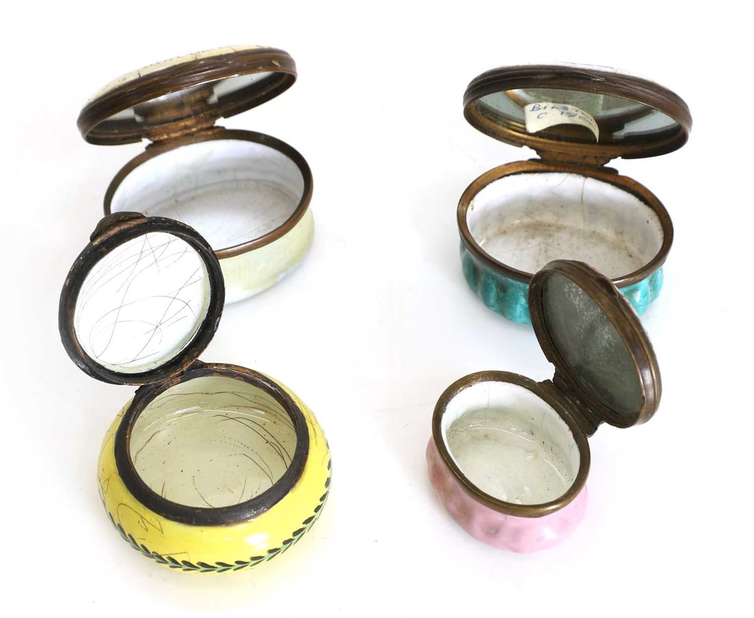 A collection of four Bilston and Bilston style pill boxes, - 2