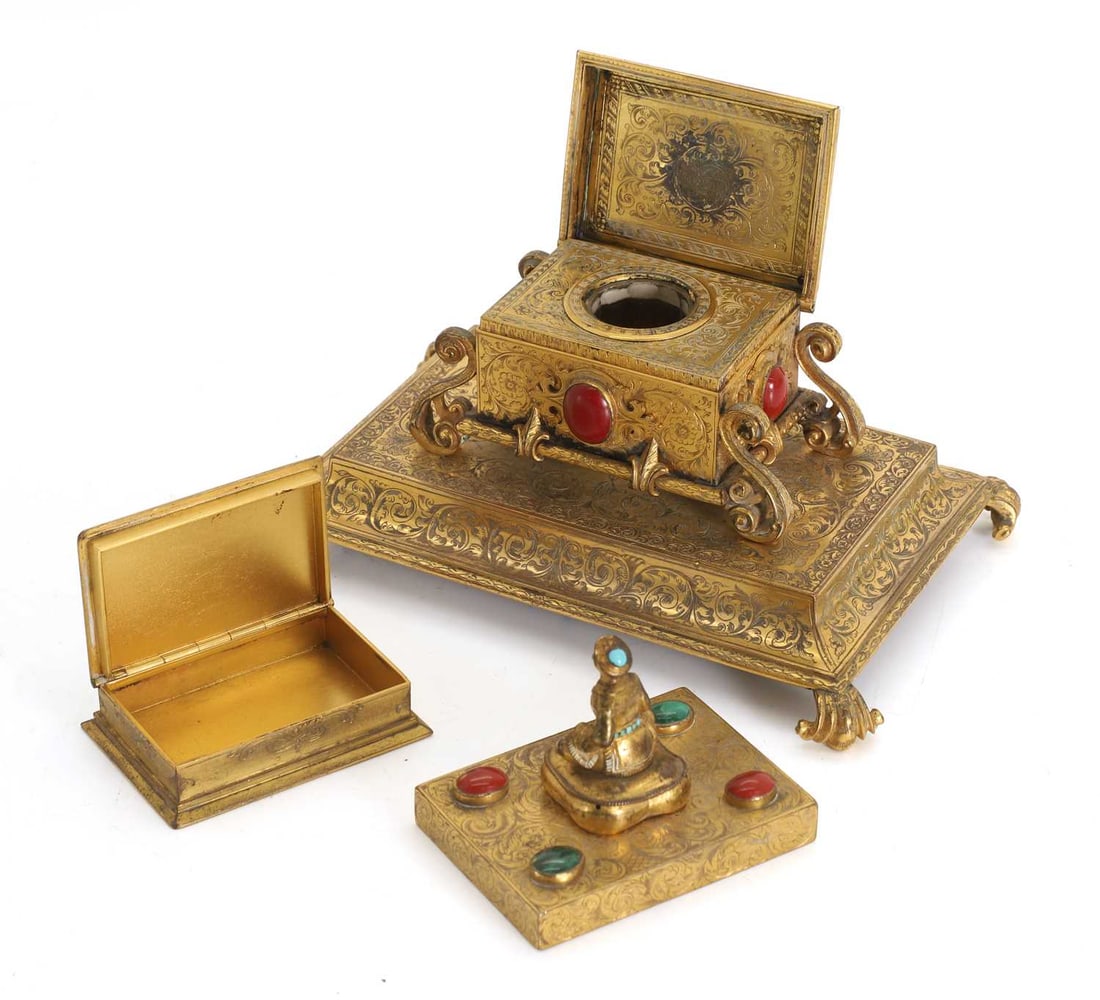 A chinoiserie decorated brass desk set, 19th century, - 2