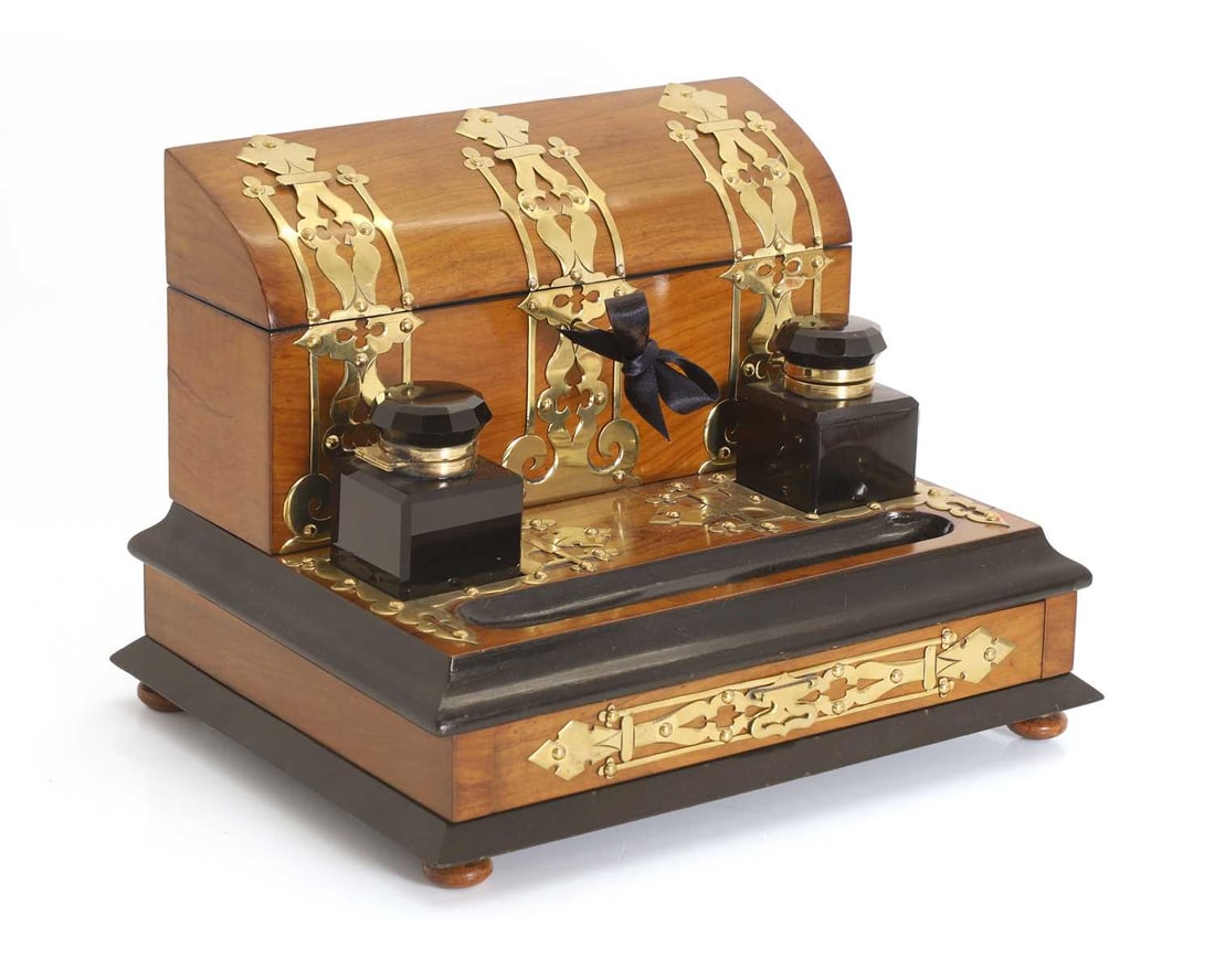A Victorian walnut brass-mounted and ebonised desk stand, late 19th century, (1 of 3)
