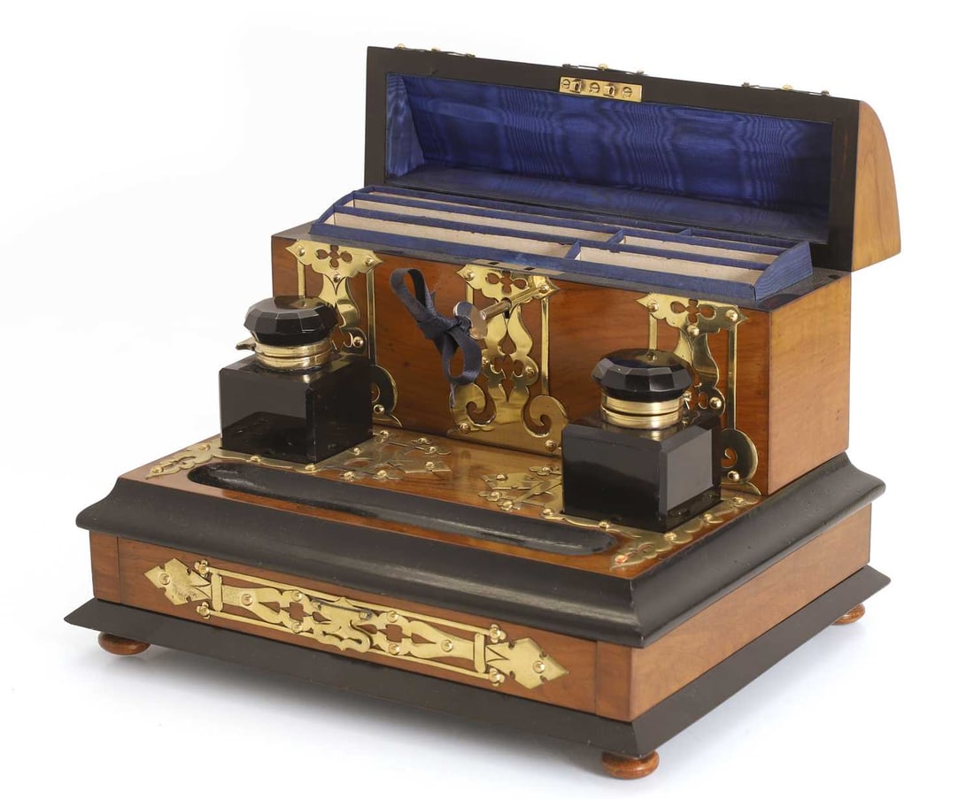 A Victorian walnut brass-mounted and ebonised desk stand, late 19th century, - 2