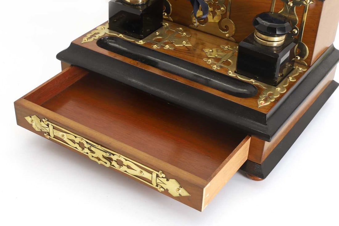 A Victorian walnut brass-mounted and ebonised desk stand, late 19th century, - 3