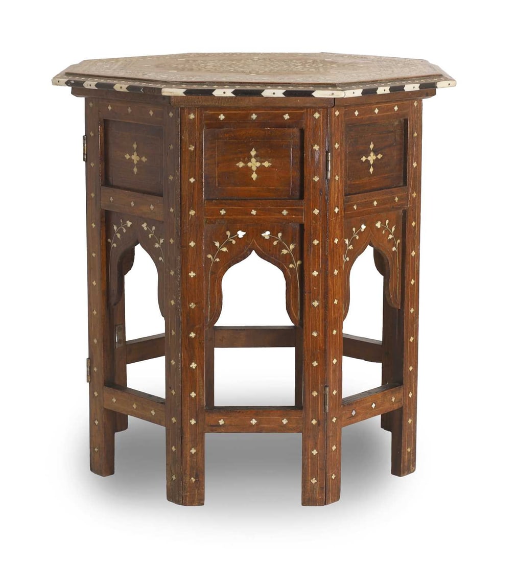 An Anglo-Indian Hoshiarpur table, early 20th century: An Anglo-Indian Hoshiarpur table, early 20th century of octagonal form with Moorish style design with ivory inlaid detail Ivory Declaration Submission Reference: Z4GV464B Ivory - Important
