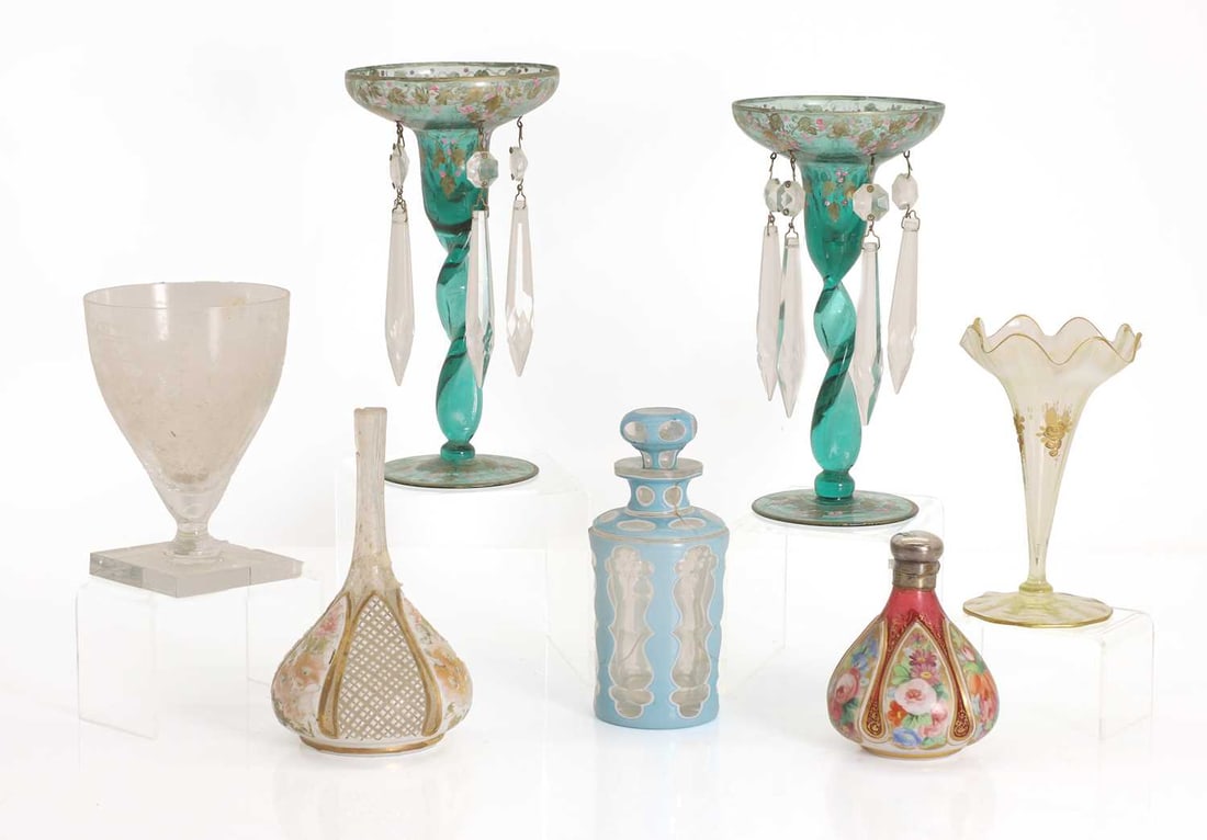 A collection of glass,: A collection of glass, to include two teal lustres with drops, hand-painted with vines and grapes, a uranium fluted spill vase, a small cranberry glass scent bottle with metal top, together with other