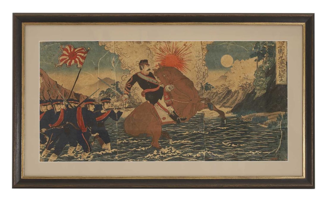 After Utagawa Kuniyoshi, 20th century,: After Utagawa Kuniyoshi, 20th century, woodblock print, depicting the defeat of the Mongols in the Western Sea, framed 57cm wide, 27cm high, framed, 69cm wode, 40cm high Condition Report: The paper