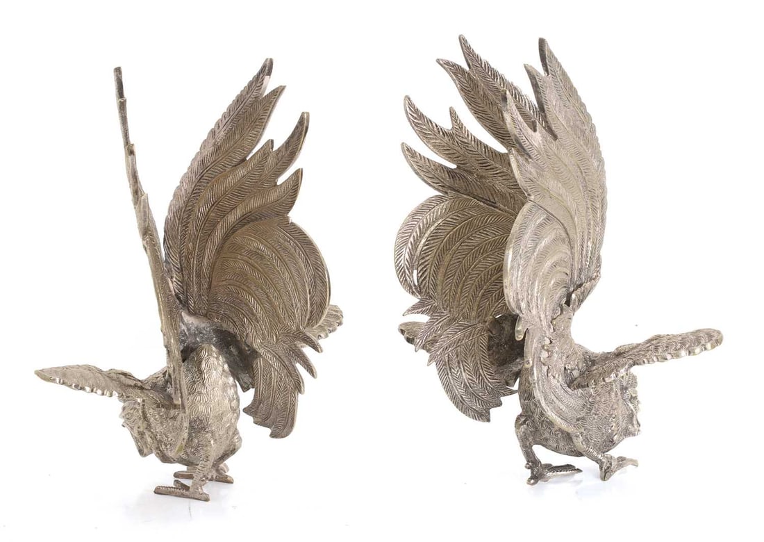 A pair of silver-plated fighting cocks, 20th century, - 2