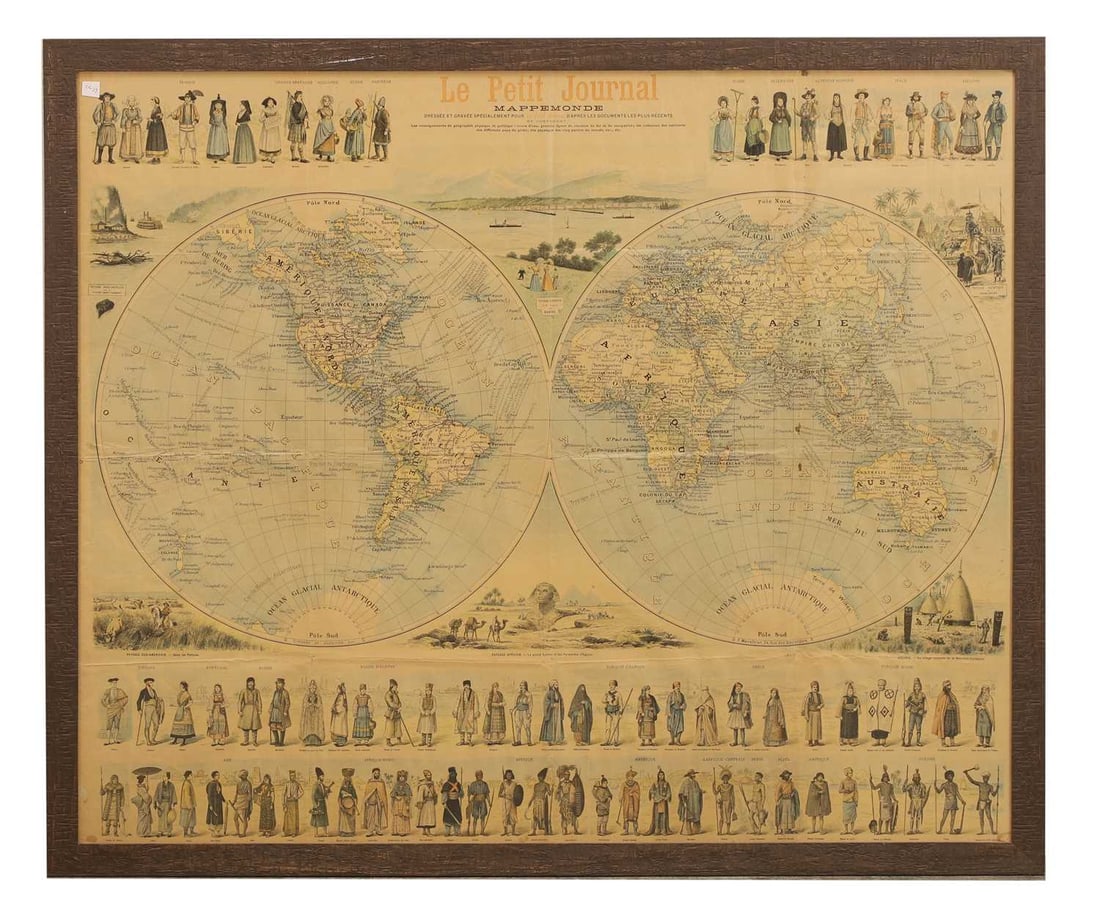 A French 'Le Petit Journal mappemonde', circa 1880,: A French 'Le Petit Journal mappemonde', circa 1880, originally engraved by E.Charaire, with ethnographic illustrations, framed 115 x 96cm Condition Report: Creasemarks throughout. Some areas of