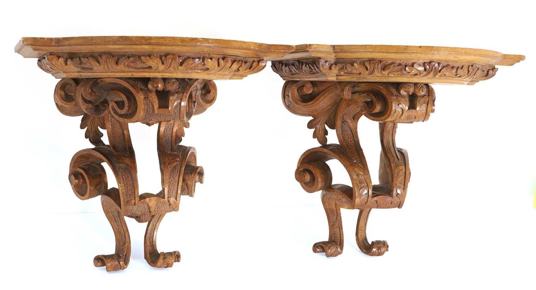 A pair of walnut wall brackets, late 19th century, possibly French, - 2