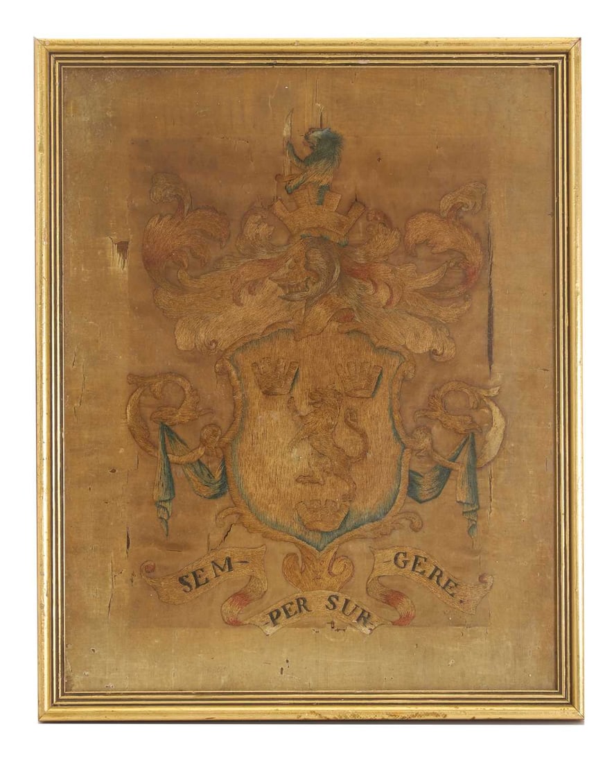 A French Heraldic silk coat of arms, 18th century,: A French Heraldic silk coat of arms, 18th century, with banner to the base 'Sem-Per Sur-Gere' below a cartouche filled with a lion and three crowns, framed Fream, 30cm wide, 40cm high Condition