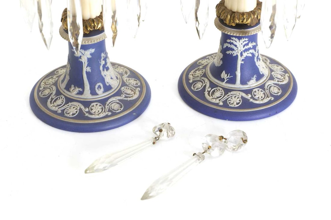 A pair of Wedgwood jasperware, gilt lacquered brass and glass lustres, 19th century, - 2