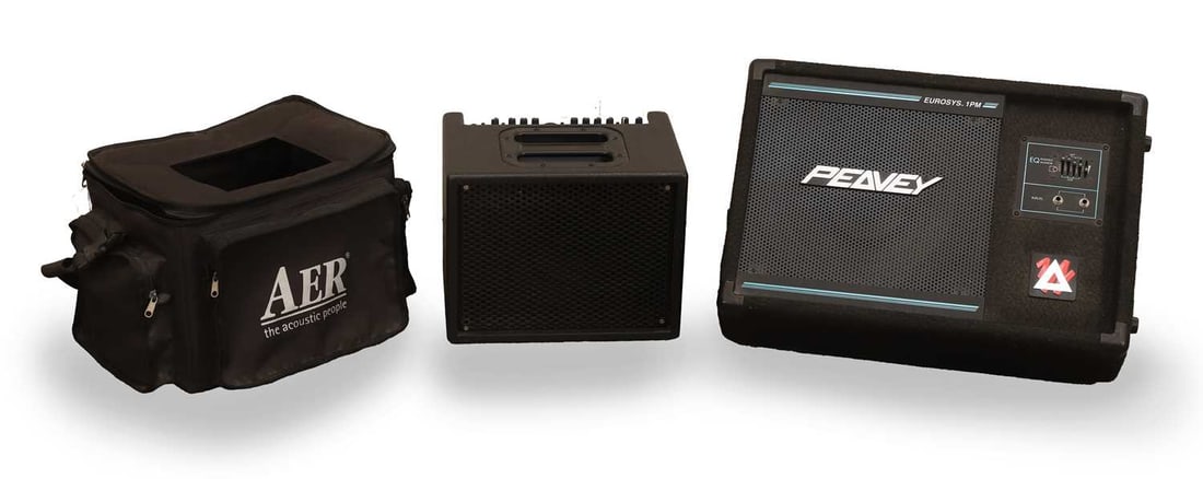 A selection of musical equipment,: A selection of musical equipment, including an AER Compact 60 amplifier (with soft carry case), a Peavey Eurosys 1PM powered monitor and assorted tuners and cables Condition Report: AER - The foam to