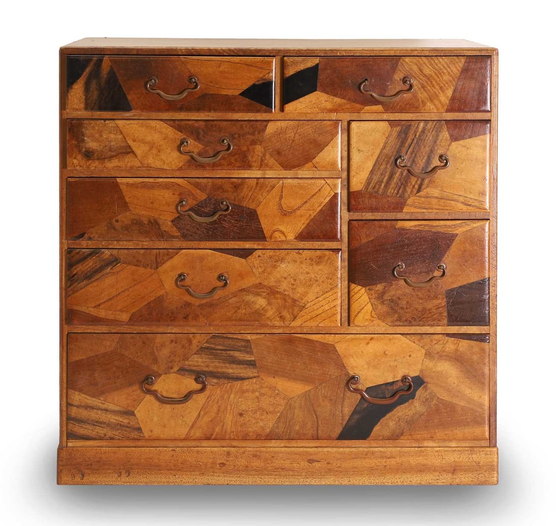 A Japanese wood collector's cabinet, of modern manufacture,: A Japanese wood collector's cabinet, of modern manufacture, with an arrangement of eight drawers with paquetry fronts 48cm wide, 30cm deep, 50cm high Condition Report: Some marks to the top surface.