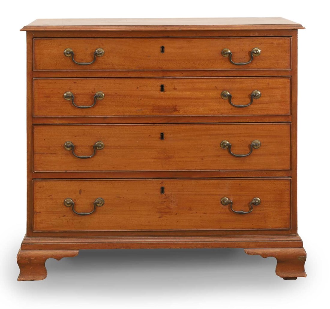A George III mahogany chest of drawers, c.1780: A George III mahogany chest of drawers, c.1780 with four long drawers, each with brass pull handles, on ogee bracket feet 89.5cm wide, 49cm deep, 84cm high Condition Report: marks and knocks,