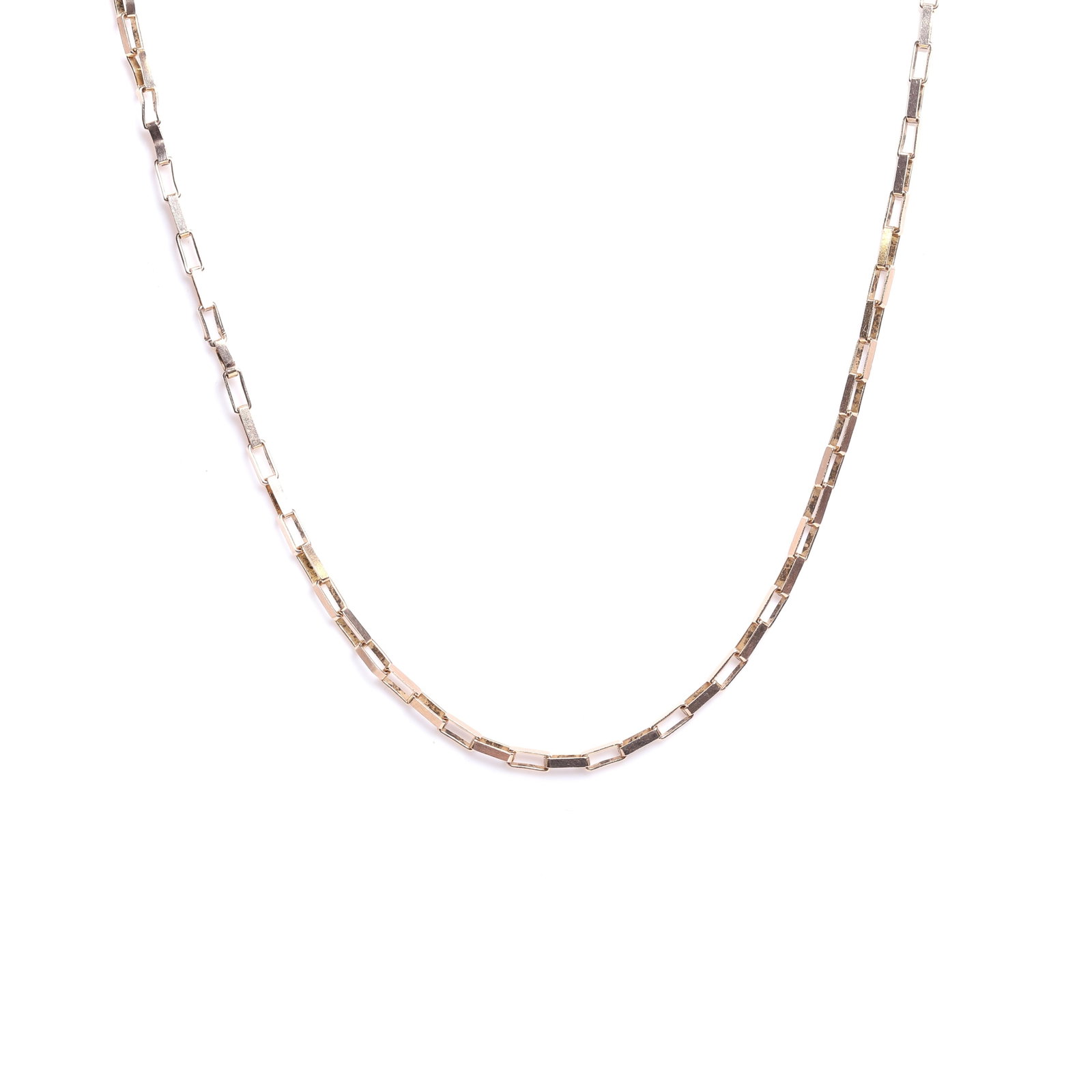 A 9ct gold box link chain,: A 9ct gold box link chain, with elongated box links, to a bolt ring clasp, one link heavily compressed, London 1990 (Length 56cm; 5.4g) Condition Report: One link heavily compressed. A few links dente
