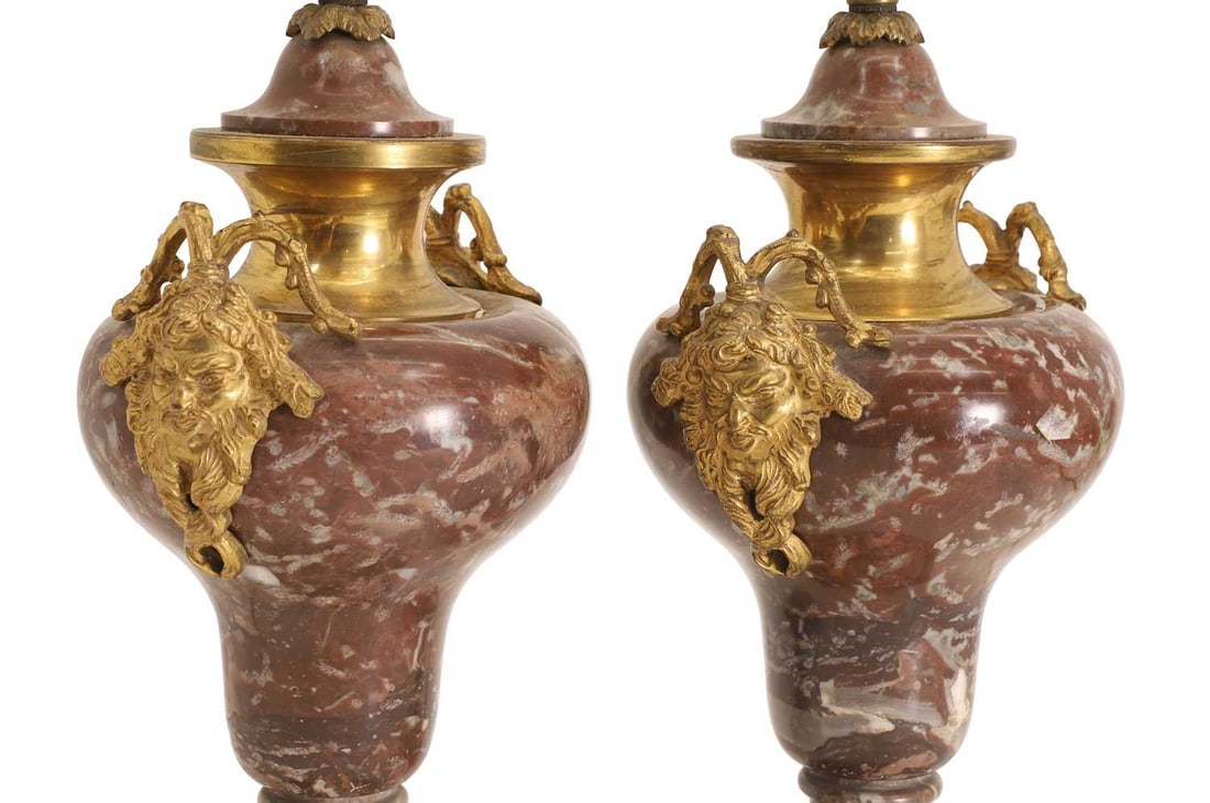 A pair of Louis XVI-style marble and ormolu mounted lamps, 19th century, - 2
