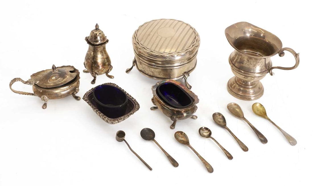 A collection of silver items,: A collection of silver items, to include a small milk jug, Chester, 1939, marks rubbed, a set of cruet items, a small pepperette and salt, by Hampton Utilities, Birmingham, 1959, another mustard,