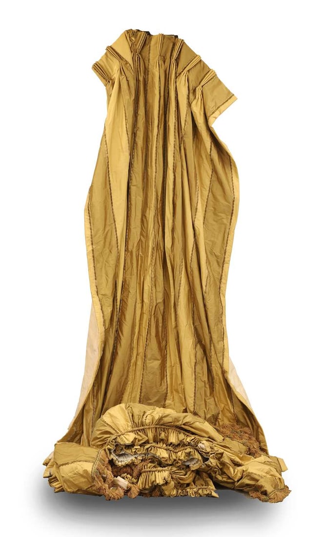 A single gold striped silk interlined curtain,: A single gold striped silk interlined curtain, together with four matching pelmets Curtain, 125cm wide, 304cm long 5