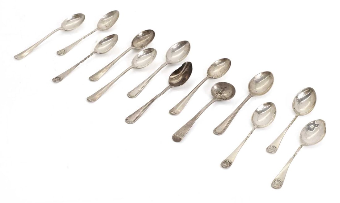 A collection of silver teaspoons,: A collection of silver teaspoons, to include five teaspoons by James Swann & Son, Birmingham, 1936, together with various other teaspoons teaspoon, 10.5cm long, 4.8ozt (qty.)
