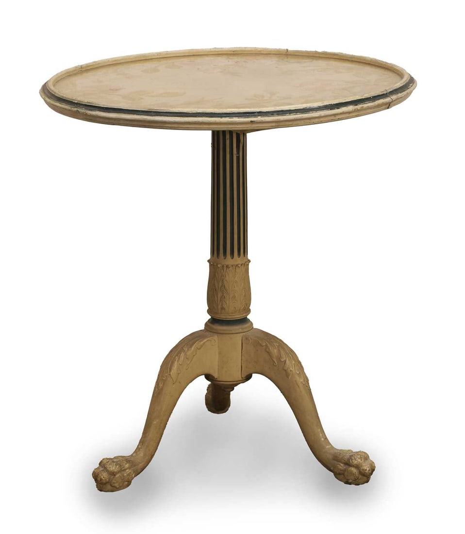 A French cream painted tripod table, 19th century,: A French cream painted tripod table, 19th century, the floral decorated circular top on fluted column and carved paw feet 62cm wide, 67cm high Condition Report: Some staining to the fabric. Cracking t