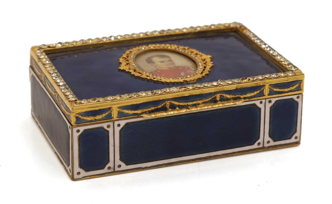 A gilt brass guilloché enamel and jewelled box, 19th century, (1 of 3)