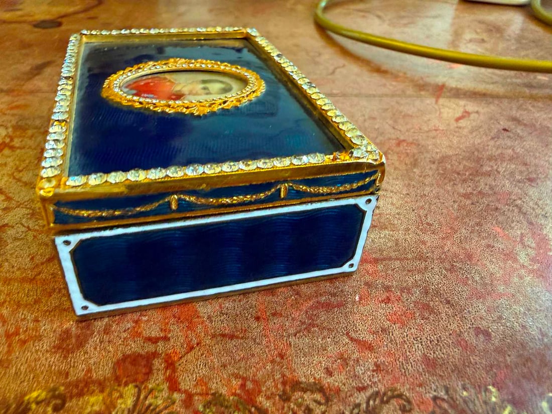A gilt brass guilloché enamel and jewelled box, 19th century, - 5