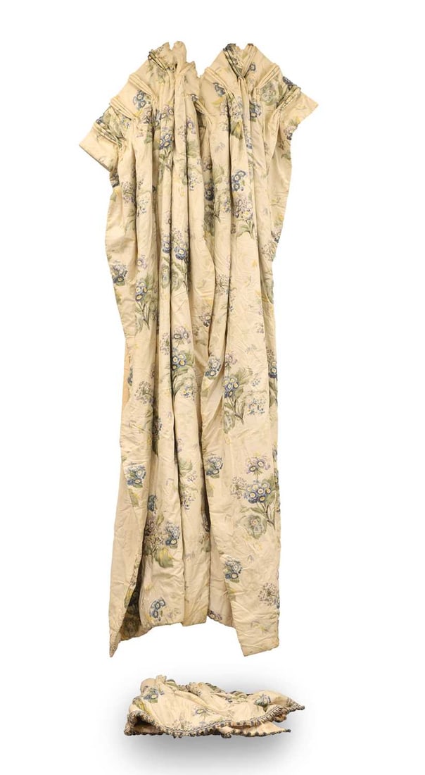A large pair of curtains, 20th century,: A large pair of curtains, 20th century, chintz, floral patterned, with ivory ground with blue pansies 95 wide, 233cm drop