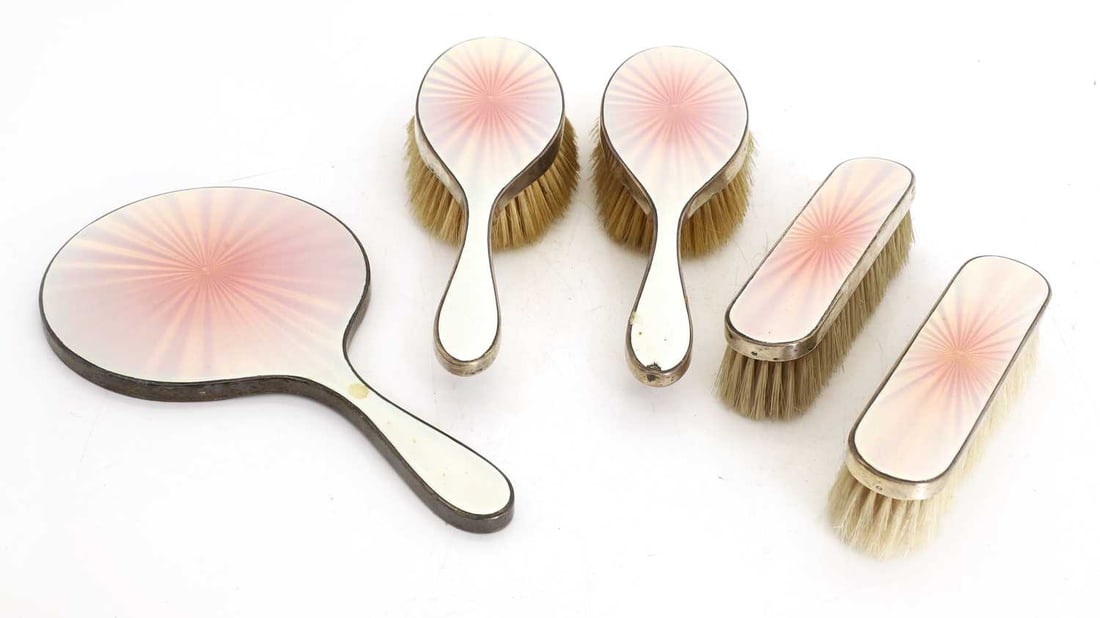 A silver and enamel five piece dressing table set, (1 of 2)