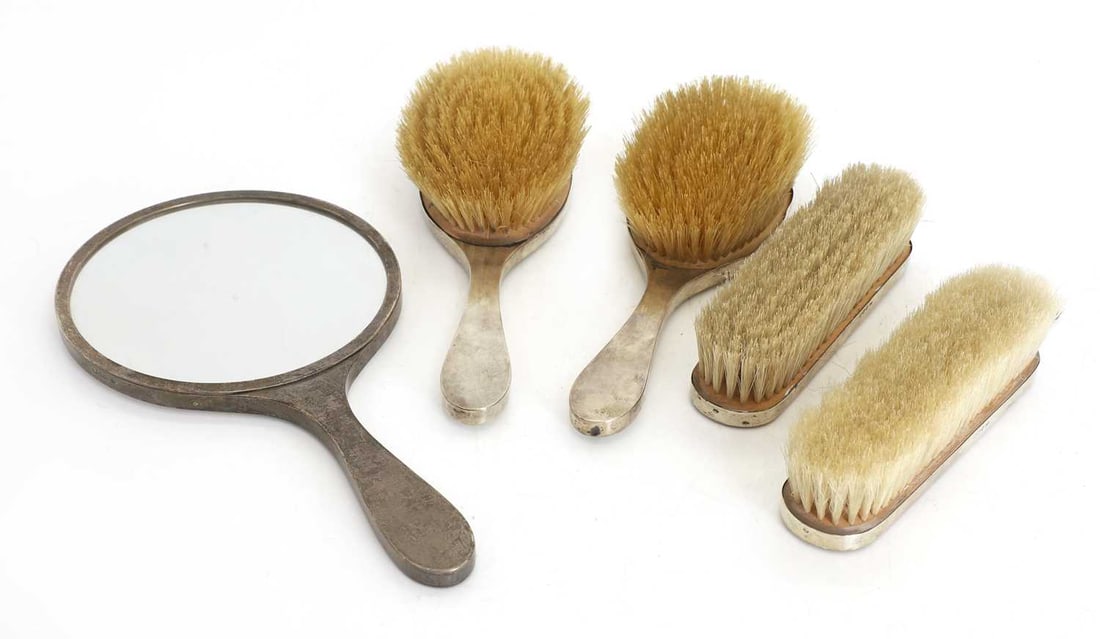 A silver and enamel five piece dressing table set, - 2