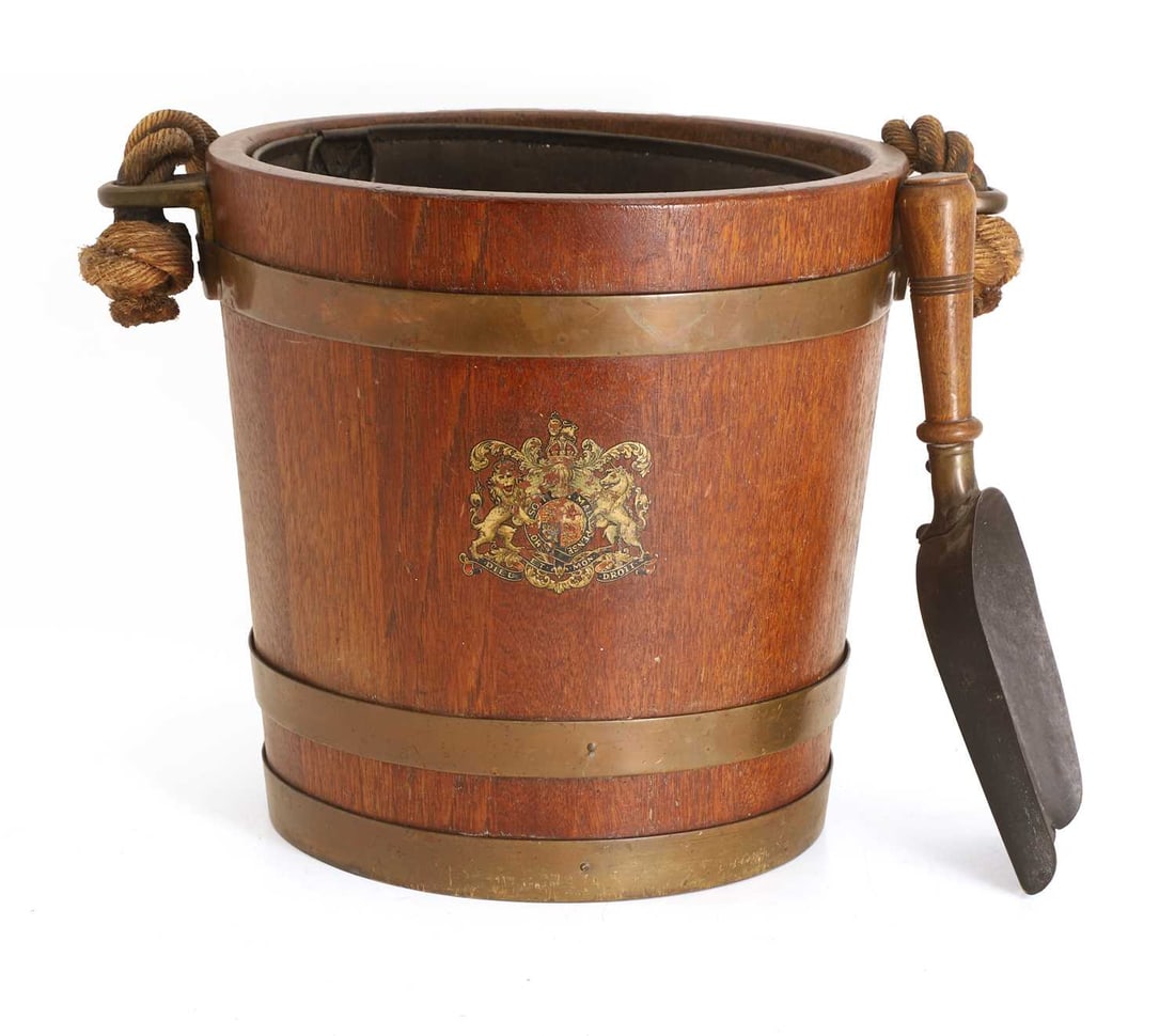 A coal bucket,: A coal bucket, with metal lining and rope handle, of coopered construction, with a shovel Bucket, 41cm wide, 32cm high