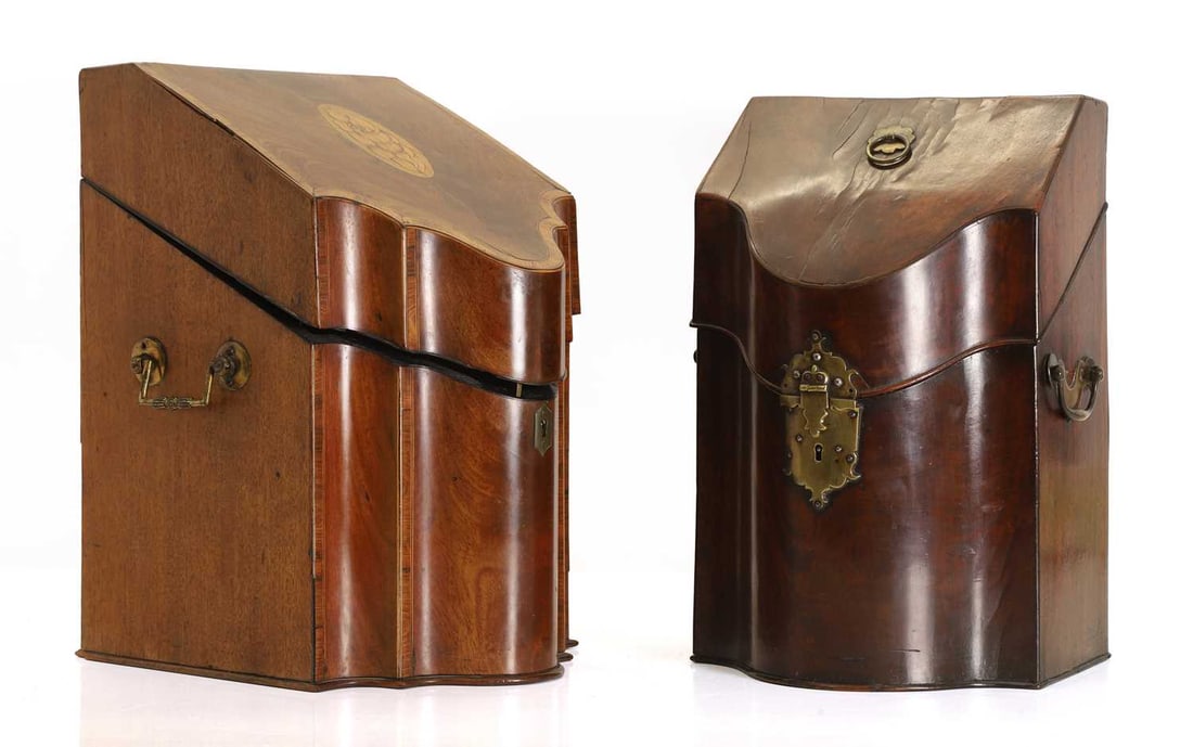 A George III mahogany knife box, third quarter 18th century,: A George III mahogany knife box, third quarter 18th century, together with a similar mahogany, rosewood and harewood example, fitted with glass decanters with stoppers The largest, 23cm wide, 28cm
