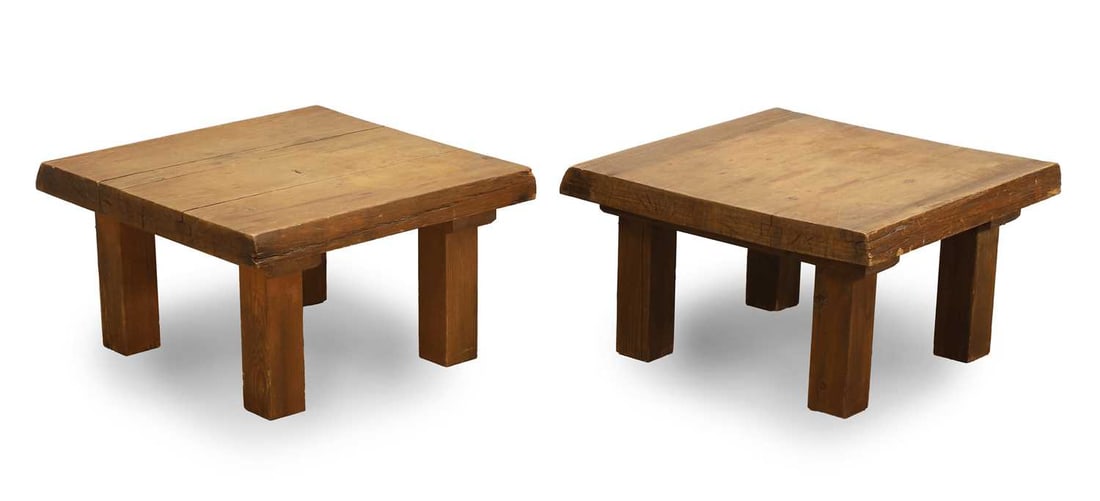 A pair of wooden stools,: A pair of wooden stools, on stick legs with square tops 60cm wide, 63.5cm deep, 35cm high 2