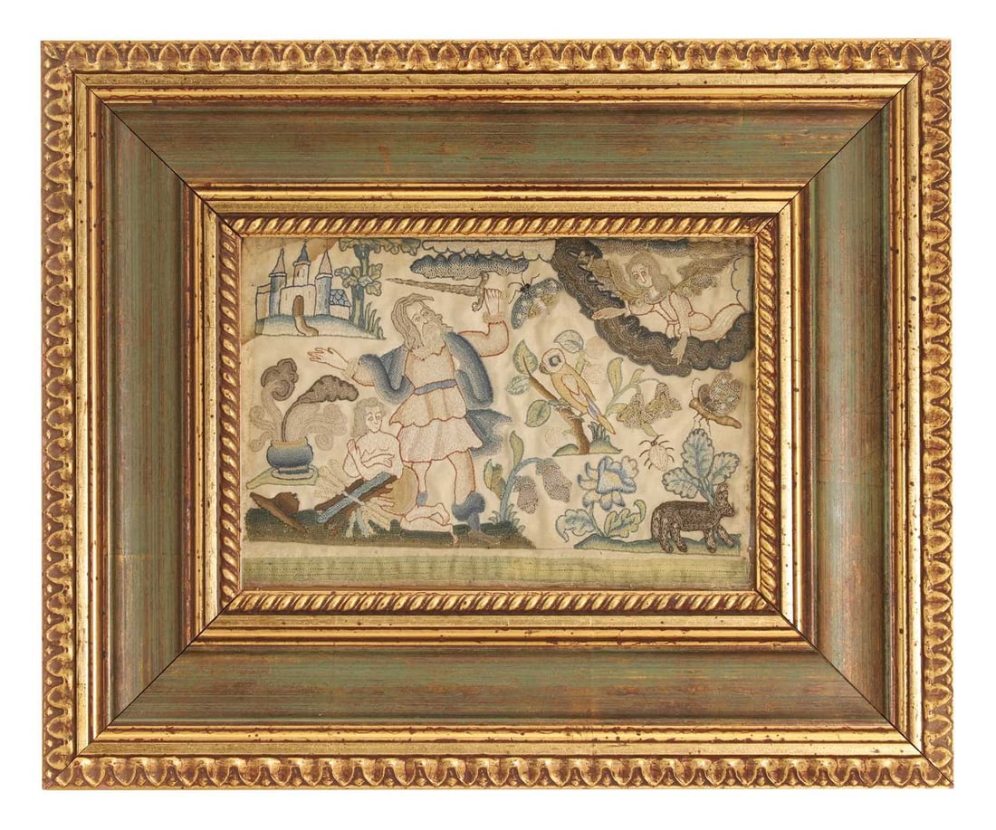 An embroidered and stump work panel, mid 17th century,: An embroidered and stump work panel, mid 17th century, depicting Abraham sacrificing Isaac, with a castle in the background, birds, a lamb, insects, and an angel appearing from a cloud, in a modern